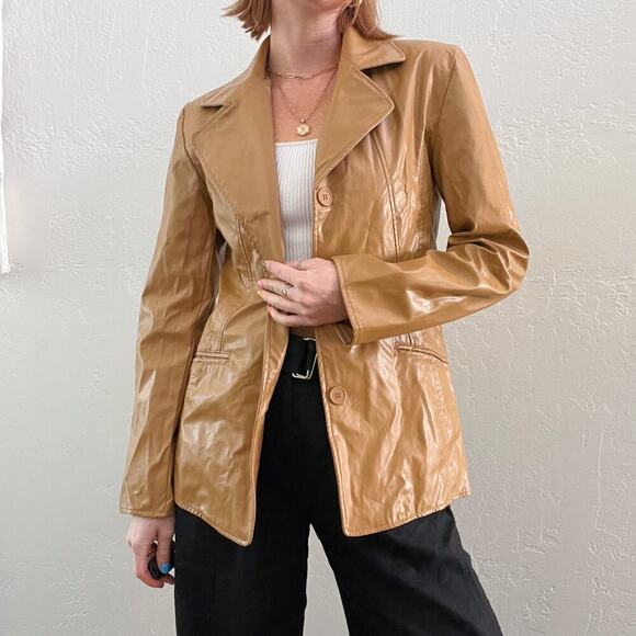 Vintage Y2K Tan Faux Leather Blazer Style Fitted Button Up Jacket - Picture 4 of 7